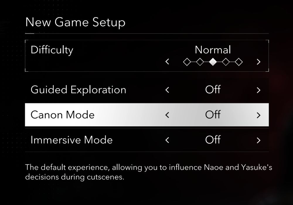 New Game Setup in Assassin's Creed Shadows. Highlighted is "Canon Mode" which is currently off. The description reads: "The default experience, allowing you to influence Naoe and Yasuke's decisions during cutscenes"