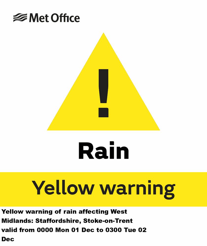Yellow warning of rain affecting West Midlands: Staffordshire, Stoke-on-Trent valid from 0000 Mon 01 Dec to 0300 Tue 02 Dec