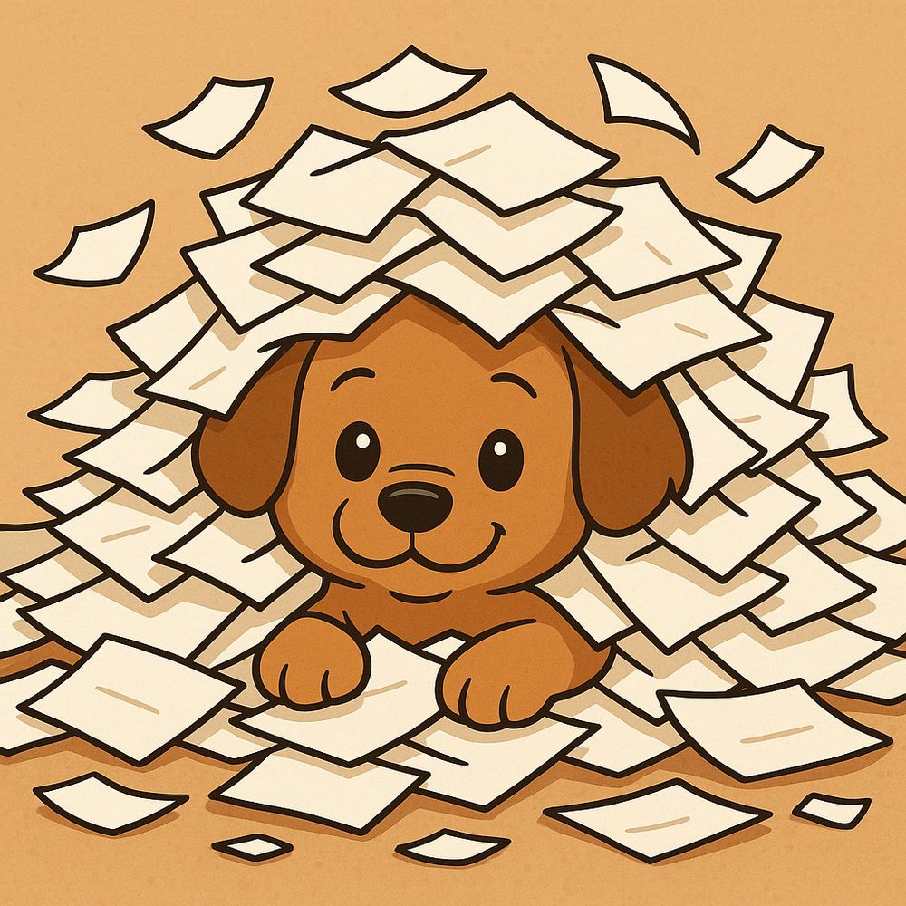 Cute puppy being buried in floating paper