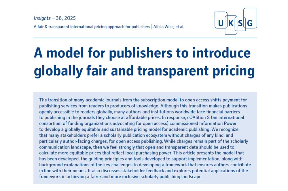 The transition of many academic journals from the subscription model to open access shifts payment for publishing services from readers to producers of knowledge. Although this transition makes publications openly accessible to readers globally, many authors and institutions worldwide face financial barriers to publishing in the journals they choose at affordable prices. In response, cOAlition S (an international consortium of funding organizations advocating for open access) commissioned Information Power to develop a globally equitable and sustainable pricing model for academic publishing. We recognize that many stakeholders prefer a scholarly publication ecosystem without charges of any kind, and particularly author-facing charges, for open access publishing. While charges remain part of the scholarly communication landscape, then we feel strongly that open and transparent data should be used to calculate more equitable prices that reflect local purchasing power. This article presents the model that has been developed, the guiding principles and tools developed to support implementation, along with background explanations of the key challenges to developing a framework that ensures authors contribute in line with their means. It also discusses stakeholder feedback and explores potential applications of the framework in achieving a fairer and more inclusive scholarly publishing landscape.