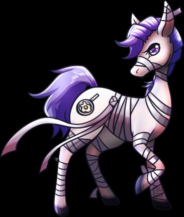 The Vtuber Mummy Mortem drawn as if they were a small horse with the similar visuals to the bandages Mummy Mortem wears. There is a mark of a frying pan with an egg on the hip of the pony. 
