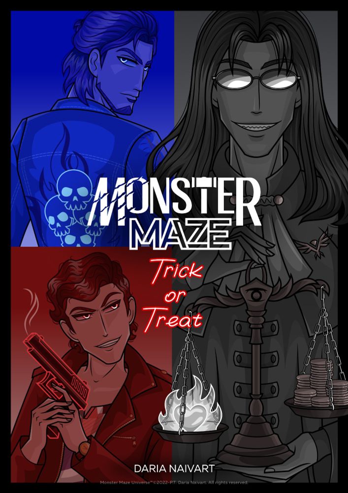 Two guys (one of them has a drawing of fiery skulls on his jacket, the other is holding a gun) and a monster with a creepy smile (the monster is holding a scale, with money on one bowl and someone's soul in the shape of a heart on the other)