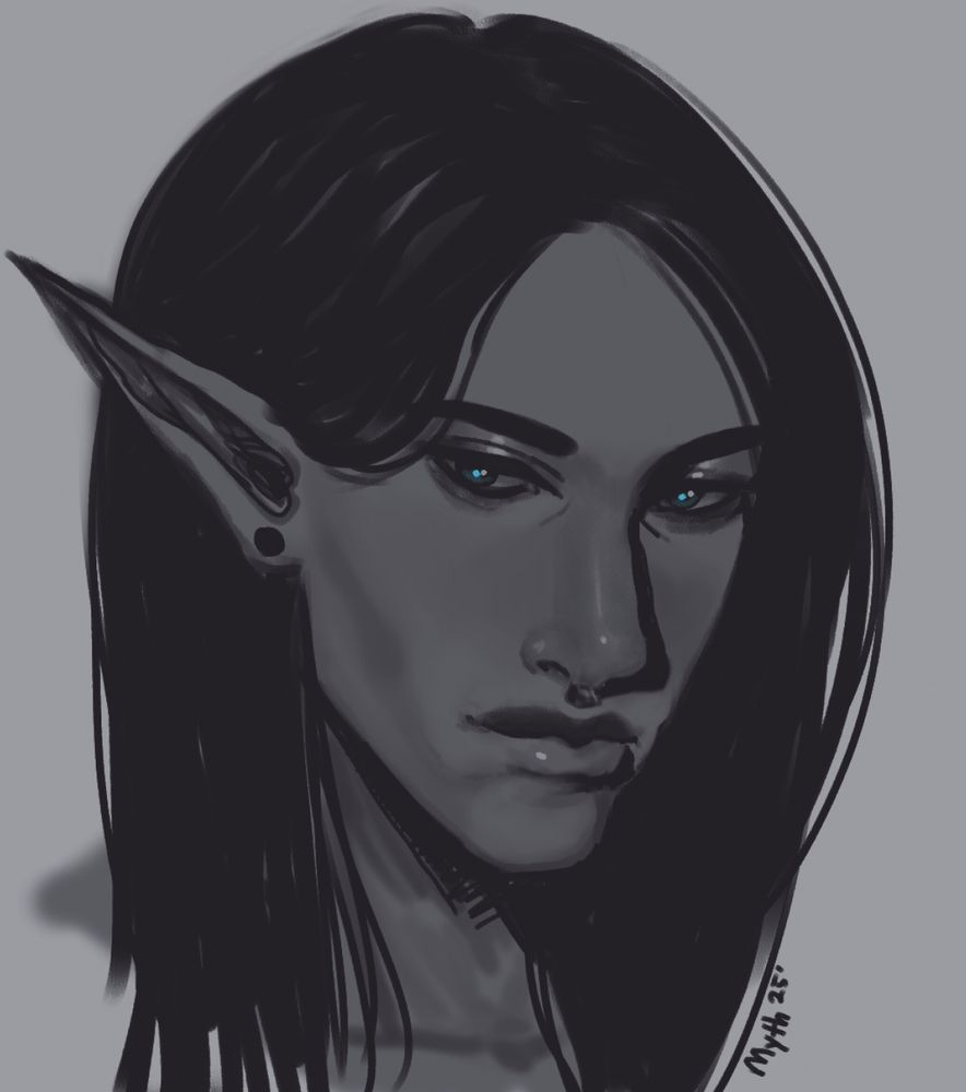 Art of a dark elf with blue eyes looking at the user.