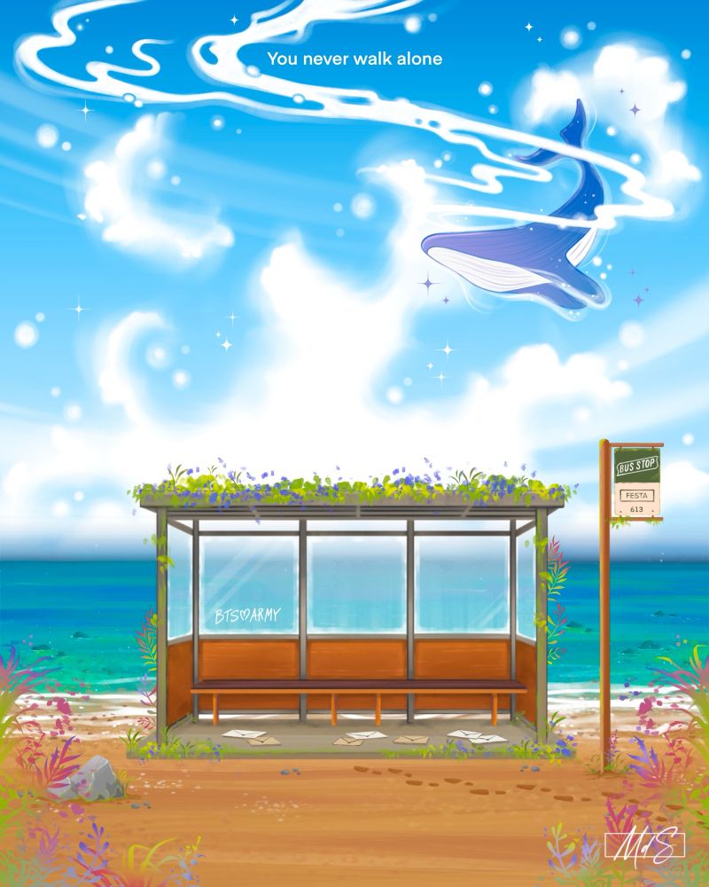 The iconic BTS bus stop. A beach with clear blue water and a purple whale in the sky 