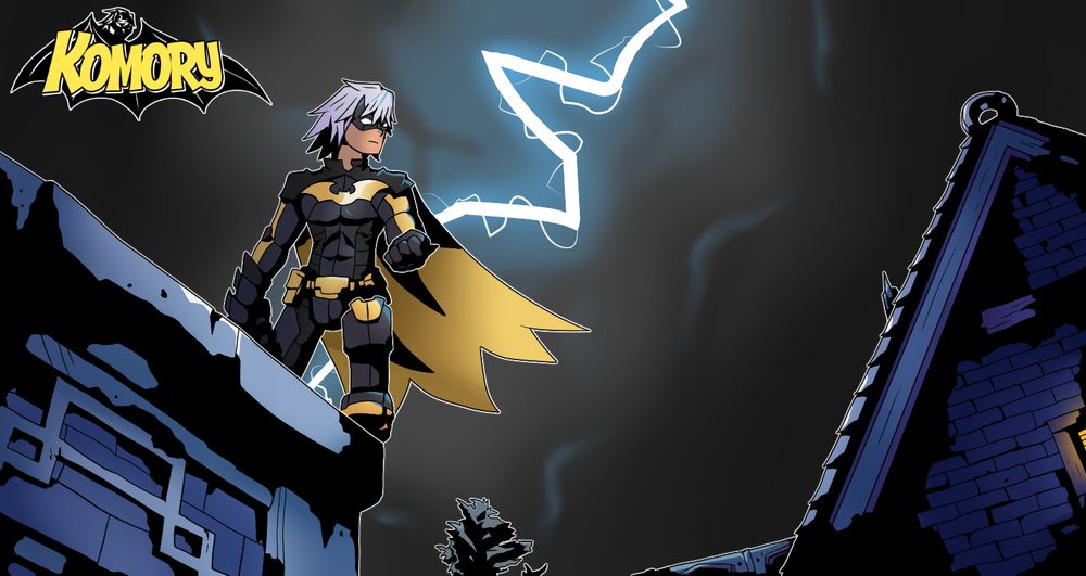 Riku in a black and yellow batsuit over a dark gothic Twilight Town