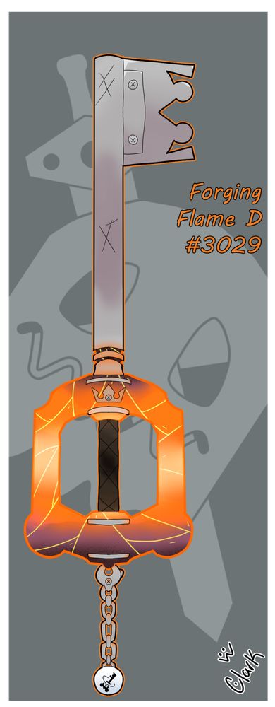 A keyblade with a flaming hilt and a hard steel shaft and teeth
