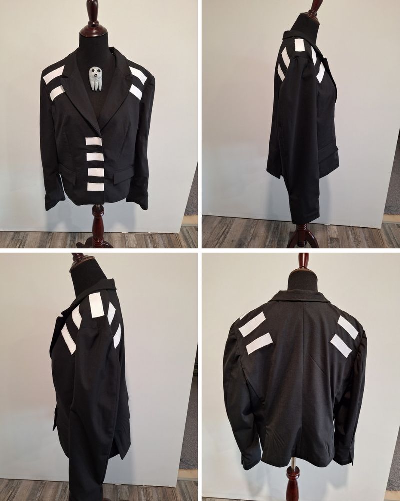 A turnaround of a tailored jacket for a Death the Kid cosplay