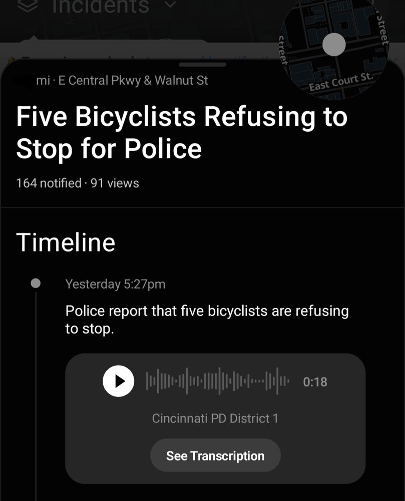 citizen alert: "five bicyclists refusing to stop for police" 8/10/25