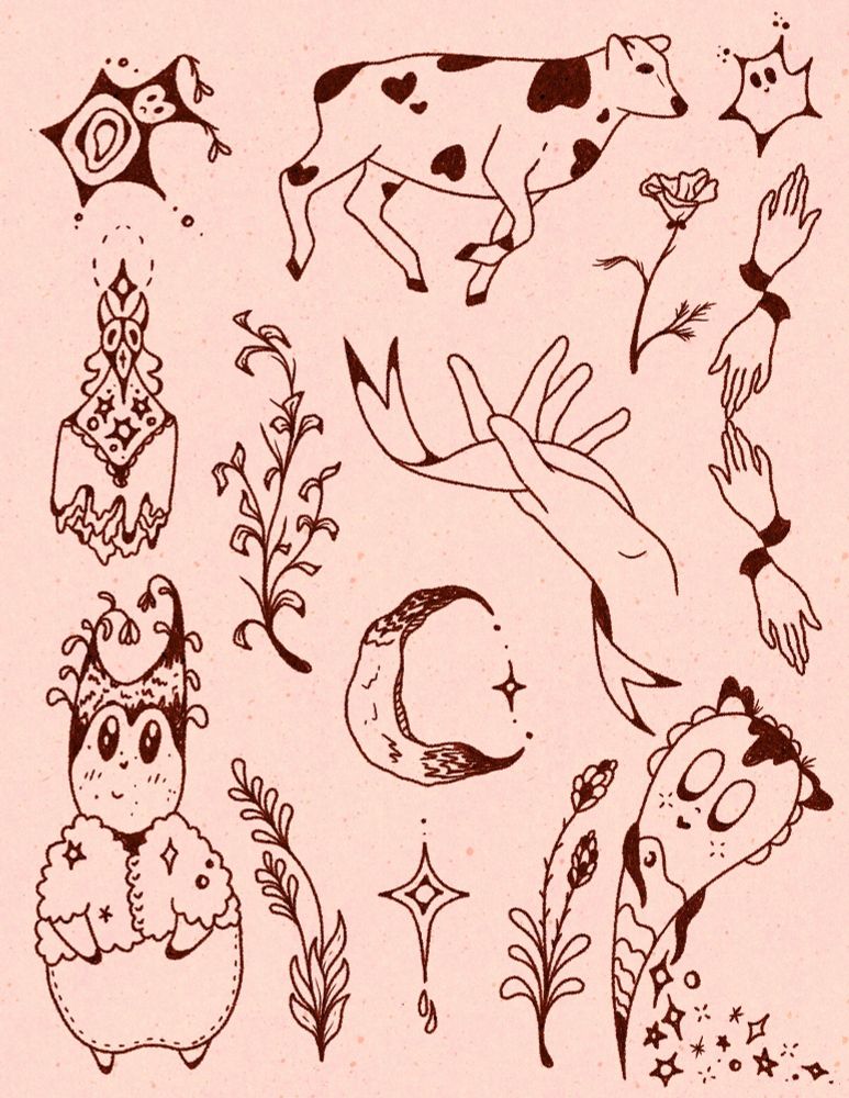 Peachy brown speckled background with darker brown illustrations of lil creatures, some flowers, a hand holding a ribbon, a cow, and a string of hands 
