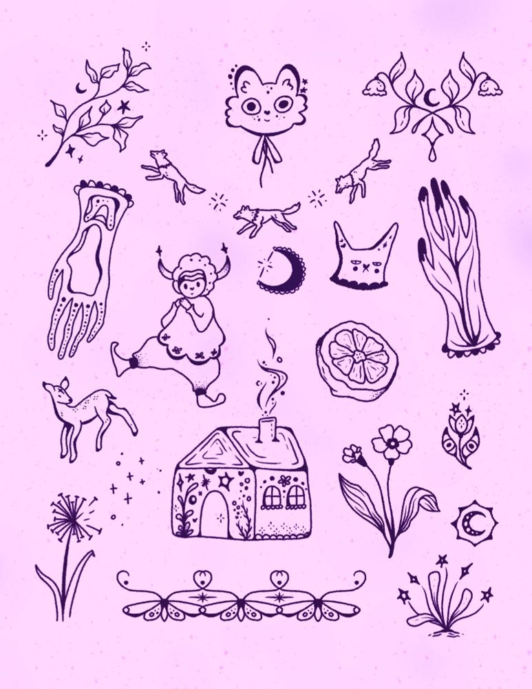 Purple background and dark purple illustrators of foliage, hands, wolves running in an arch, linked moths, a star studded house, and some other little bits and bobs drawn in a simple line art heavy tattoo style