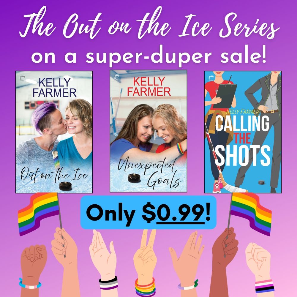 Graphic with a purple background, the book covers for Out on the Ice, Unexpected Goals and Calling the Shots, and the text "The Out on the Ice Series on a super-duper sale! Only $0.99!"