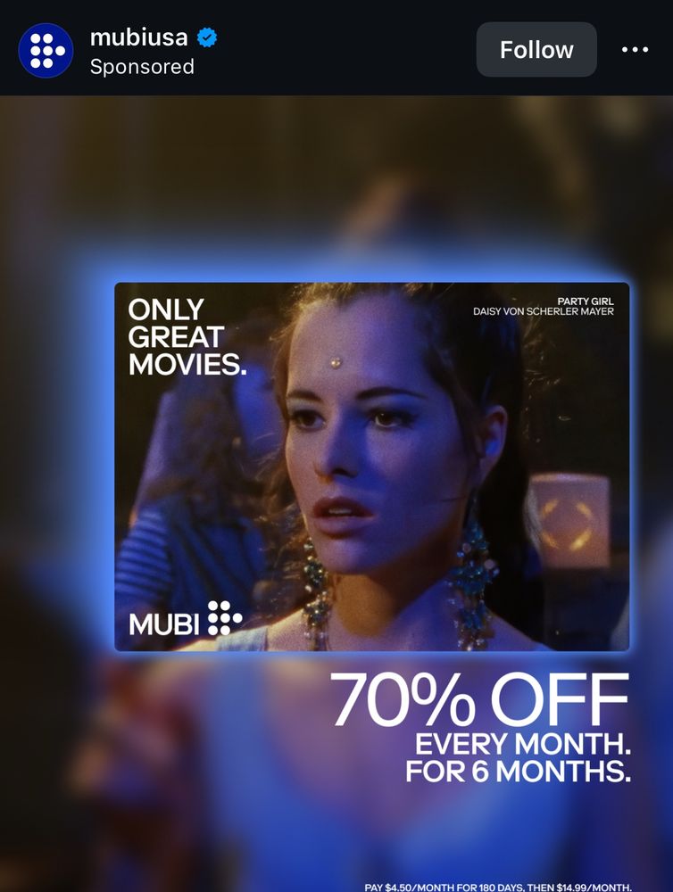 An advertisement for Mubi featuring Parker Posey that looks to the OP like it’s for a credit card
