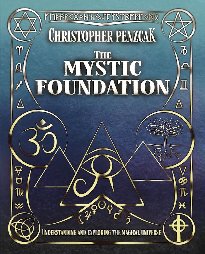 Cover of "The Mystic Foundation" by Christopher Penczak, featuring golden mystical symbols from world cultures surrounding an eye in the pyramid central symbol.