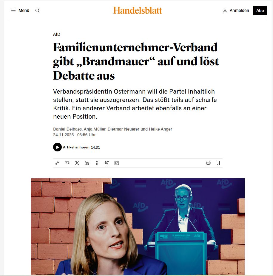 Familienunternehmer-Verband gibt "Brandmauer" (zur AfD) auf und löst Debatte aus. 