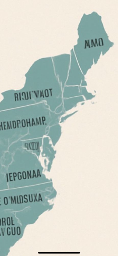 An absolutely ridiculous AI generated map zoomed in on New England and the mid Atlantic that has combined RI and CT and has no labels on VT, NH, MA, or the RI/CT hybrid. The rest of the states are labeled but they are just nonsense garbage names. 