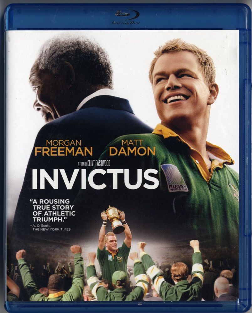 The front cover of the Blu-ray movie case for Invictus, staring Morgan Freeman and Matt Damon.