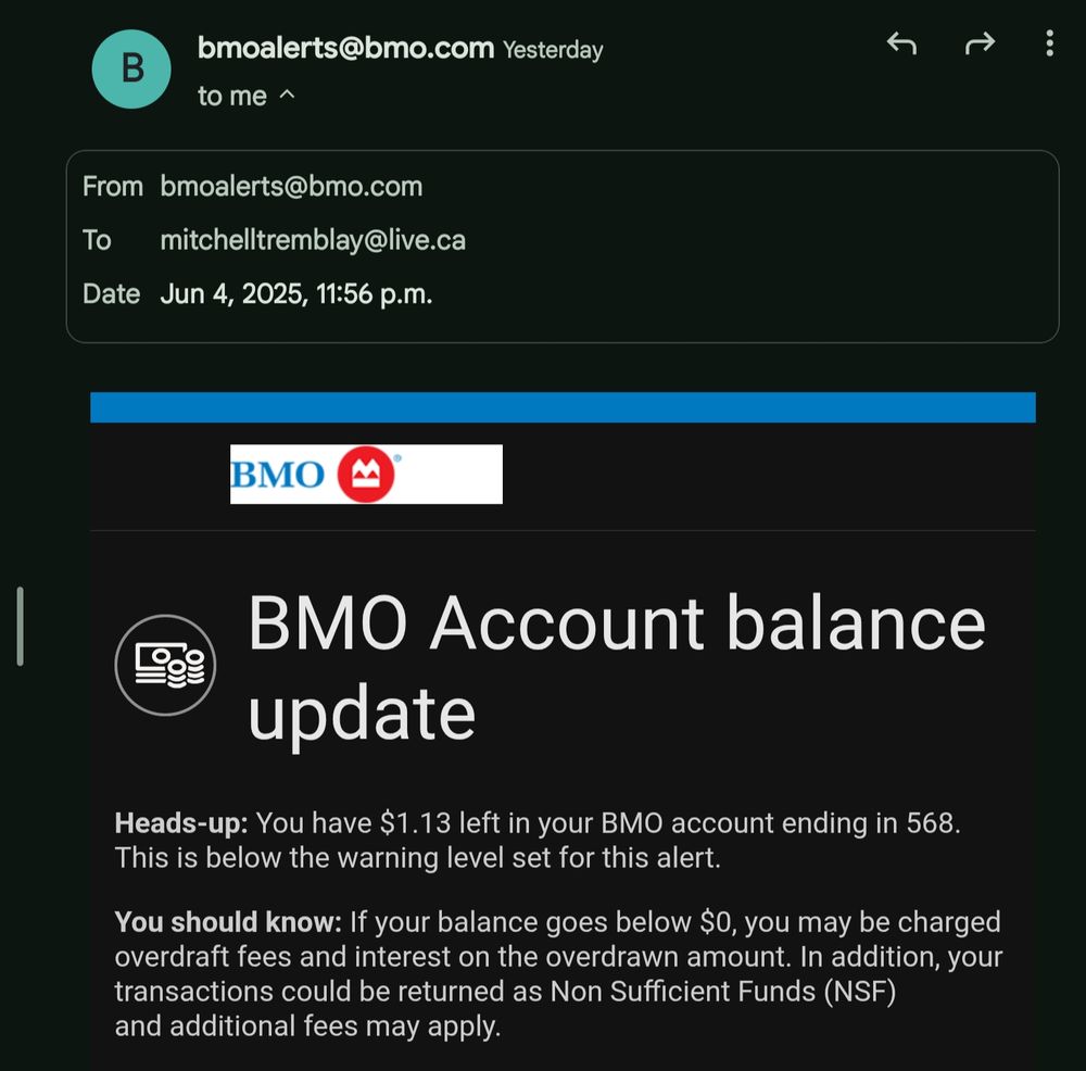 bmo account says 1.13$ left in account for mitchell tremblay. 