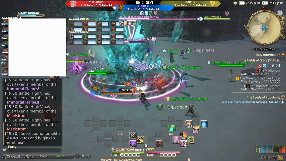 screenshot of me (Aeryn Inanna) playing ninja in a Fields of Glory match with a 100 point streak from kills and assists. im with three of my friends: Seika, Indy, and Laplace, all with some form of point streak, and who had helped me get the streak i have in this shot (along with the rest of my team, who are people i don't know). we're all on Immortal Flames (blue) team, attacking the pve part of the pvpve objective, a giant crystal called an Icebound Tomelith. from Final Fantasy XIV