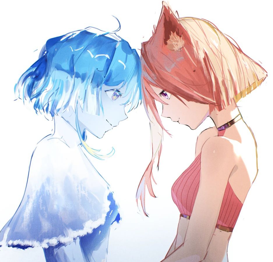 Blue Jellyfish girl Xiachi and pink catgirl Kattrinya looking at each other fondly as their foreheads touch.