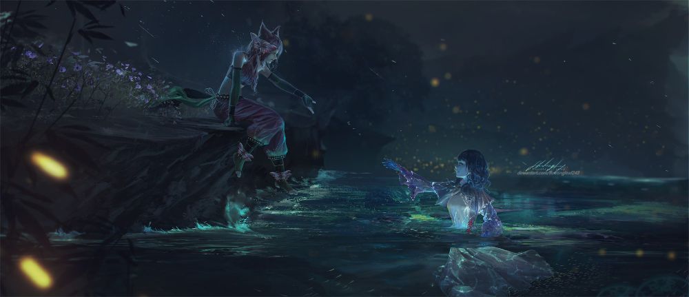 A painterly illustartion of a riverbank at night with Kattrinya, a pink-haired catgirl, sitting on the land's edge reaching out a helping hand to Xiachi, a jellyfish girl, as she reaches forward to her friend (crush) herself.
Moonlight along with fireflies and some bioluminescence light up the piece.
