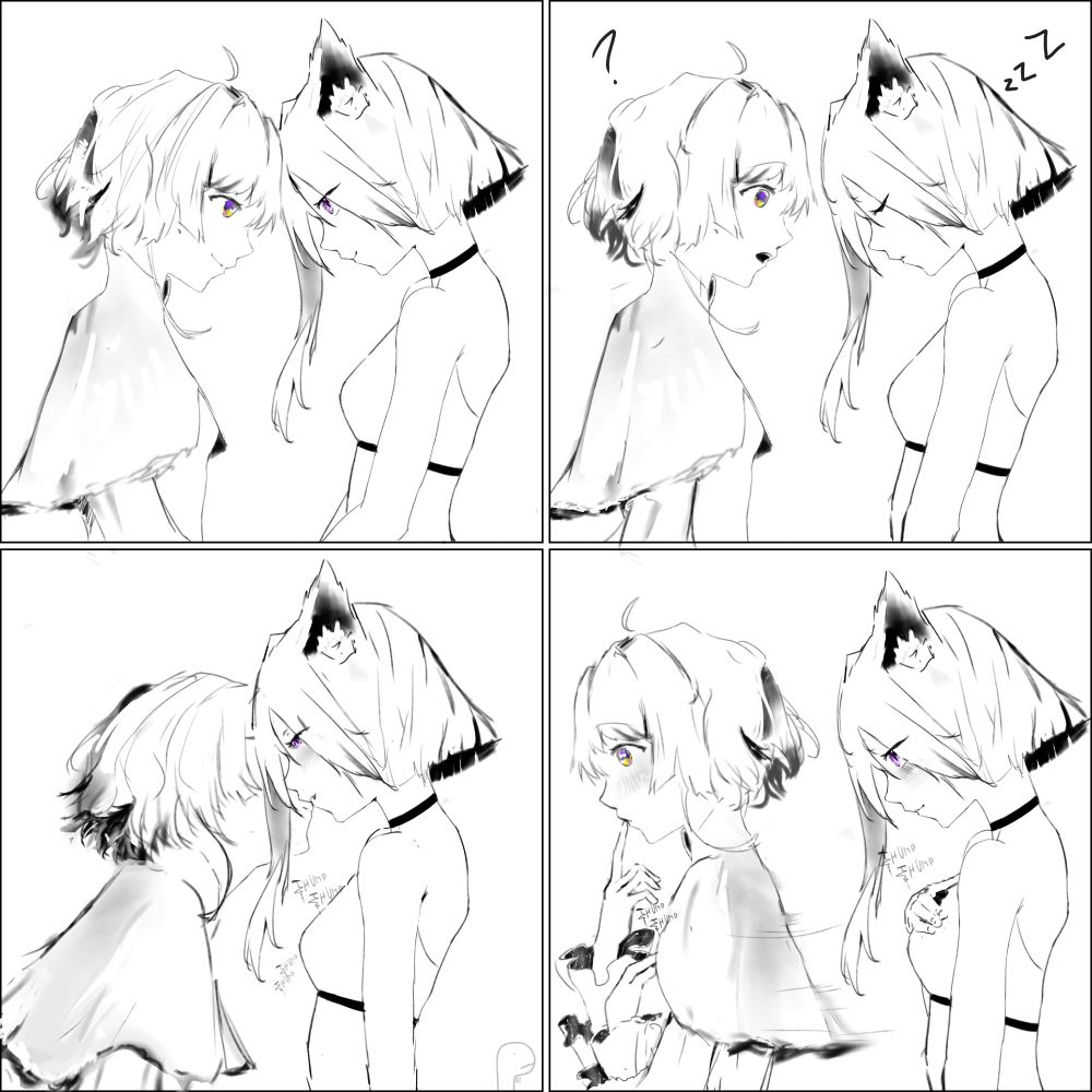Black & white follow-up comic of four panels. Kattrinya pretends to fall asleep as she attempts to tease Xiachi. Xiachi, confused, lets curiosity and emotions lead her to steal a small kiss from Kattrinya, thinking she fell asleep, before hurriedly leaving all flustered as realization of her action hits.