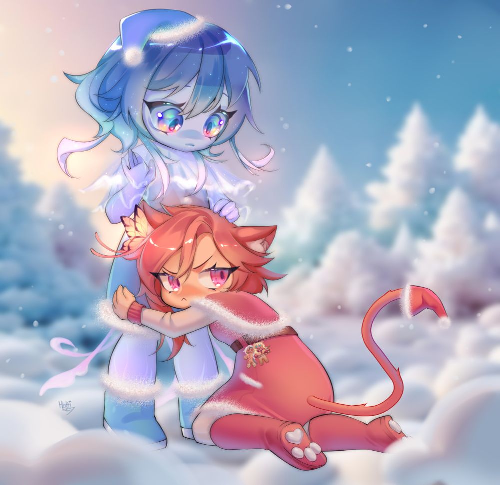 Chibi illustration of a snowy field where Xiachi, a jellyfish girl, and Kattrinya, a pink catgirl, are enjoying themselves. Kattrinya is glaring to the side as she is hugging Xiachi's waist as to scare off any intruders on their together time. Xiachi is giving her some pats.