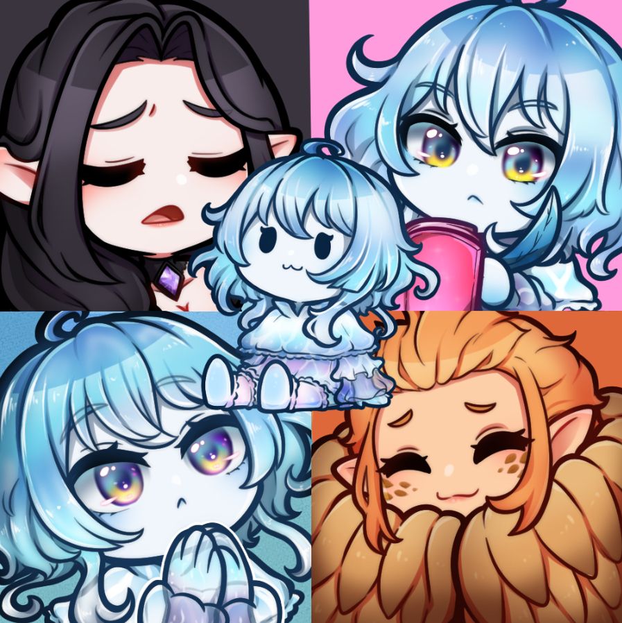 Featuring 5 emotes made by @KiraPikaArt of OCs Evelynn, Xiachi and Auriné.