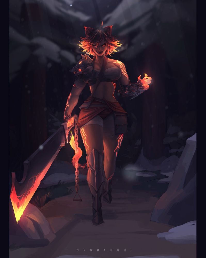 Blaizhe in her Rage form, where her long hair becomes like charcoal and her tattoos become air vents for the raging fire within her.