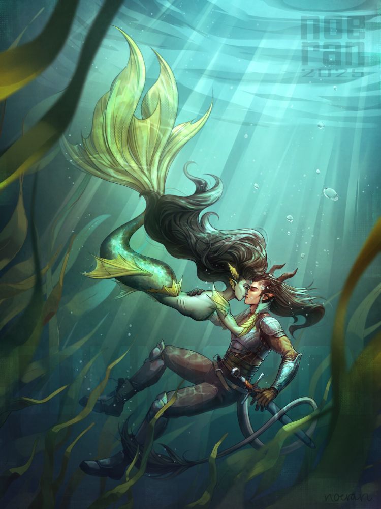 An underwater scene of rusulka/mermaid holding floating tiefling knight, reaching for a kiss.