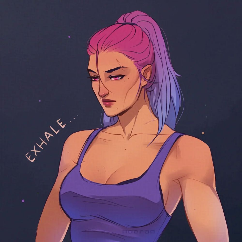 A colored sketch of a woman in a purple sleeveless top, with her pink and blue hair in a high ponytail, with her eyes opened and focused, exhaling and steeling herself for a conflict.