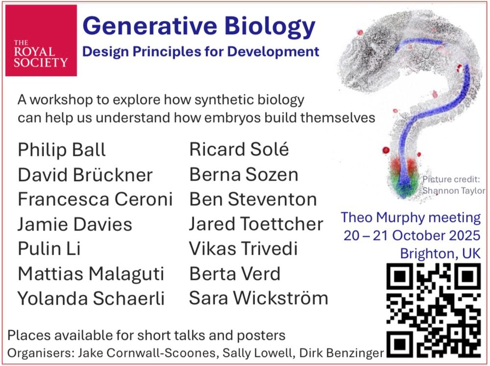 Poster for a Royal Society funded workshop on “generative biology” at the interface between synthetic and developmental biology. The workshop is scheduled for 20-21 October 2025, and features the following speakers: Philip Ball, David Brückner, Francesca Ceroni, Jamie Davies, Pulin Li, Mattias Malaguti, Yolanda Schaerli, Ricard Solé, Berna Sozen, Ben Steventon, Jared Toettcher, Vikas Trivedi, Berta Verd, Sara Wickström. Places available for short talks and posters