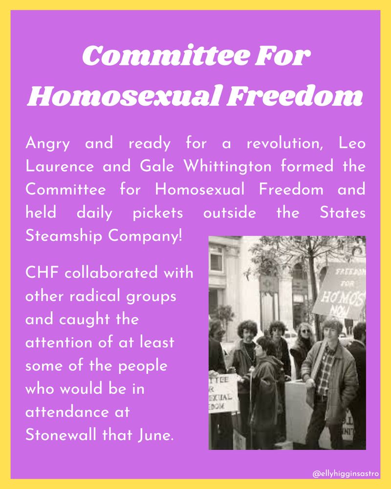 Photo is of Committee For Homosexual Freedom picket. Gale is standing with a sign that reads Freedom for Homos Now. Others stand behind him.