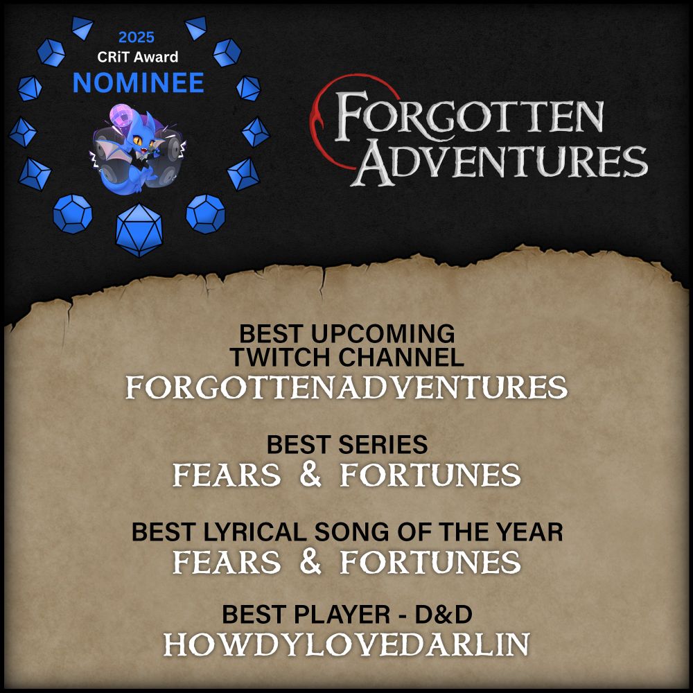 Graphic showing that Forgotten Adventures was nominated for four CRIT Awards, for Best Upcoming Twitch Channel, Best Series, Best Lyrical Song of the Year and Best Player - D&D.