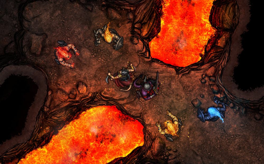Two Azer Pyromancers and two Azer Sentinels surround a pair of adventurers on a rocky bridge over lava.