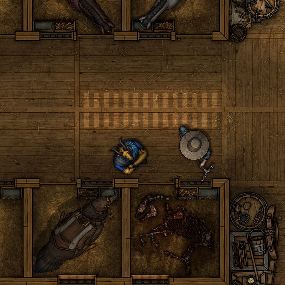 
Preview image of the imperial stables map by forgotten adventures, it is a battlemap for virtual tabletop programs like FoundryVTT or Roll20 or DnDBeyond, and is to use for ttrpg games like dnd dungeons and dragons. This image shows is the 70ppi version of the map you can download, it has dozens of stables for horses to explore.