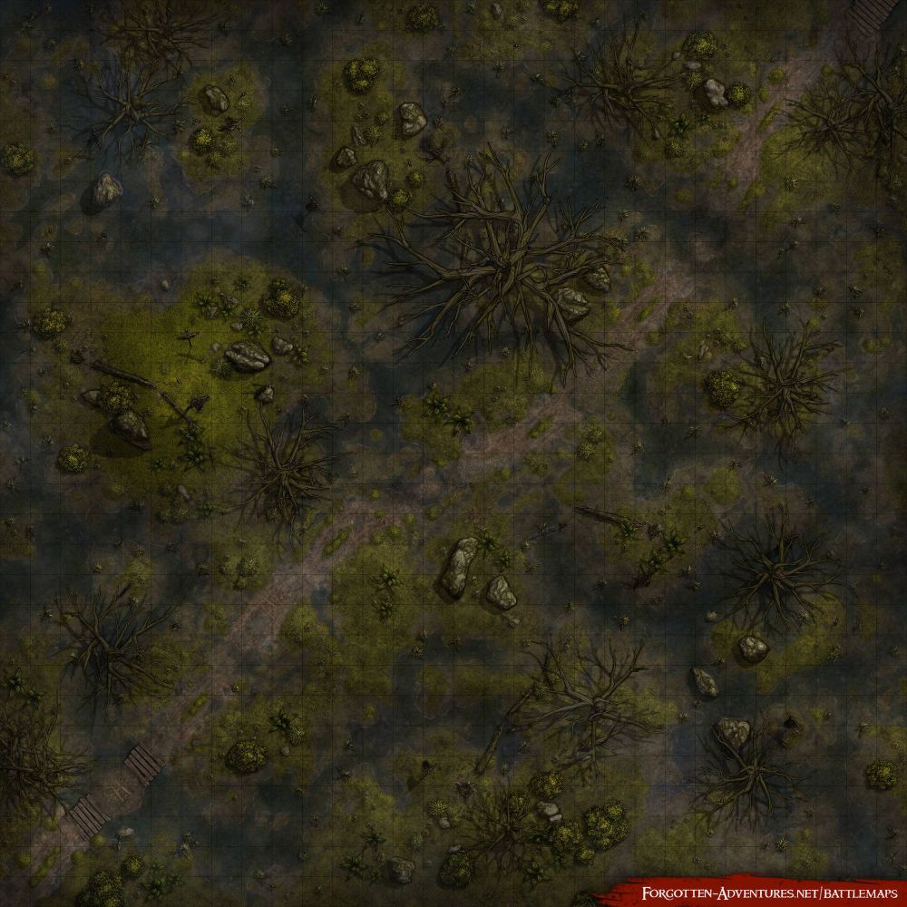 Preview image of a new dnd Battlemap by Forgotten Adventures. It's a map of a swamp where a battle may have taken place. Some versions of the swamp have fallen soldiers on them. There's also a bloody version where all the water is crimson. It's a great map to use in virtual tabletops vtts like roll20, dndbeyond or FoundryVTT to stream games like dungeons and dragons.