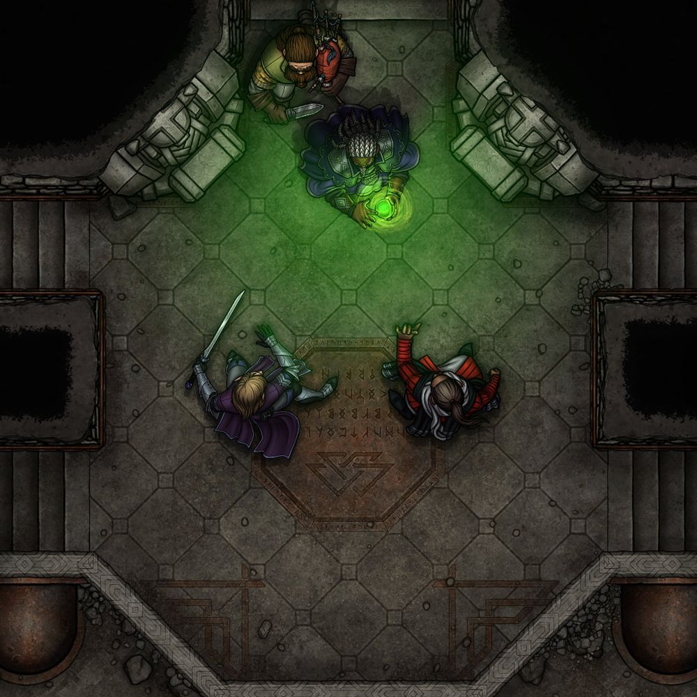 Battlemap preview by Forgotten Adventures of a Dwarven Sewer. It's a battle map to use in games like dnd dnd5e or dungeons and dragons. Best to use on virtual tabletop like Roll20 or FoundryVTT or DnDBeyond. These scene features two adventurers confronting two dwarves, one is about to cast a spell, massive dwarven statues are beside them.