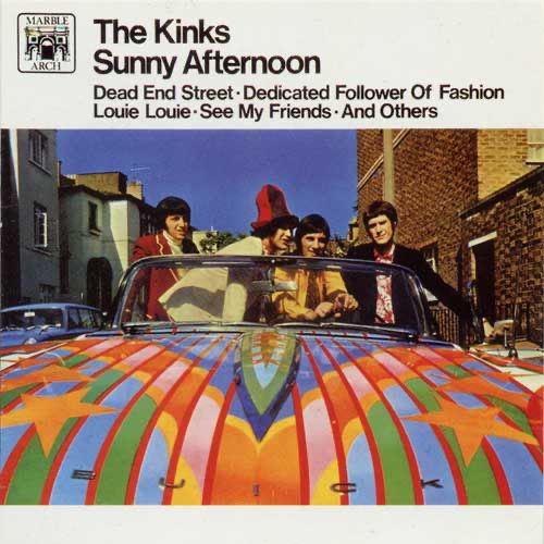 The Kinks kompilation album, Sunny Afternoon, from Marble Arch records. The band stand up in a painted convertible Buick.