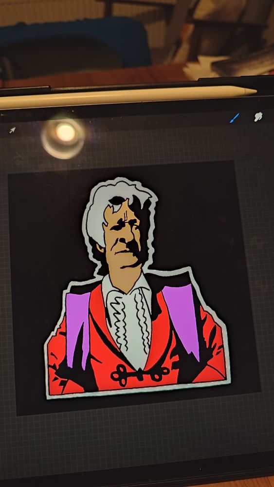 A drawing of Jon Pertwee as Doctor Who. He's wearing a red velvet jacket with a purple scarf.