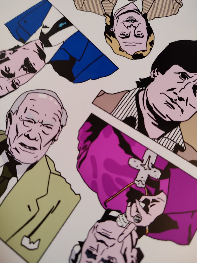 A close up of a sticker sheet, showing John Cleese, Michael Palin, Tim Rice, Malcolm Muggeridge and the Bishop of Southwark.