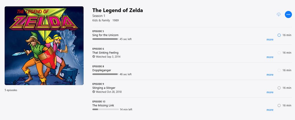 An iTunes library listing of episodes 5, 6, 8, 9, and 13 of the 1989 Legend of Zelda cartoon.