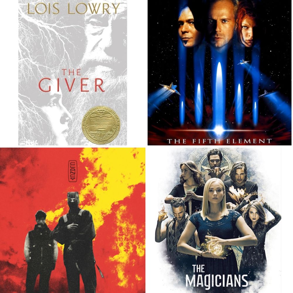 Grid of 4 square pictures. Starting top left clockwise: Cover of The Giver by Lois Lowry with white trees and face of old man and young boy, poster of The Fifth Element with space scene and faces of two men and one woman, cover of album featuring two grey men standing in red and yellow background, show poster with six characters wearing dark colors posing with magical props 