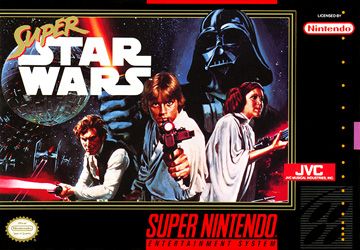 Super Star Wars cover art for the Super Nintendo game. Luke Skywalker, Han Solo, and Princess Leia stand aiming and firing weapons in different directions. Space ships fly around the edges with Darth Vader and the Death Star in the background at the top of the image.