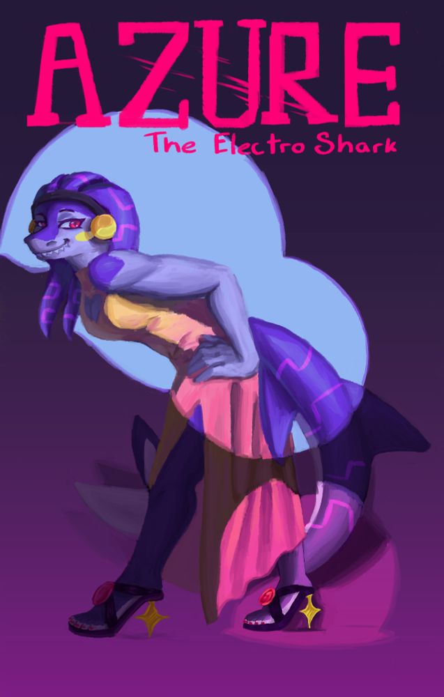 Digital illustration of Azure, “The Electroshark,” a stylized anthropomorphic shark character with sleek purple and blue skin, pink glowing markings, and red eyes. She wears a pharaoh-inspired headpiece with gold and yellow yin yang like ear covers, a sleeveless yellow and pink gradient dress with an asymmetrical hem, and black leggings. She stands with one hand on her hip, leaning forward with a confident, toothy grin. Her sandals have red gem accents and sparkle effects near the heels. The background features a gradient from dark purple to black with the bold pink text “AZURE” and smaller handwritten text “The Electroshark” above her.

