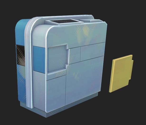 Texture progress on a metallic blue 3D stylized japanese subway gate with a bit of brushstrokes for the color variation and comics dot for details