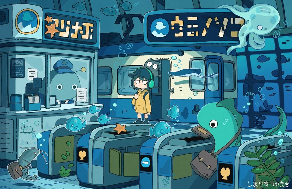 Cartoon illustration in the blue tones with yellow highlight of an underwater subway station by Shimaris Yukichi