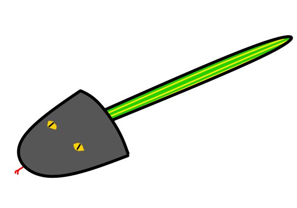 A drawing of a Shovel Snake, which is apparently a shovel with a green and yellow striped handle and on the shovel part there are snake eyes and a forked tongue.