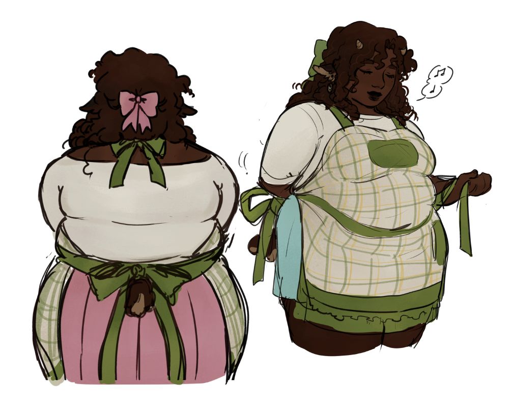 my oc, paisley, wearing a cute apron!! on the left is a back profile, and on the right, she is tying the bow at the back of the apron while humming to herself. 
