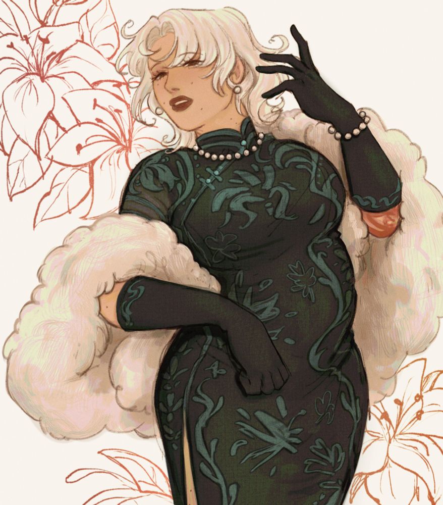 my oc, xirang, wearing a green qipao with a fluffy white boa wrapped around her arms. her left hand is lifted close to her face. behind her are flowers resembling lilies drawn in a red outline. 