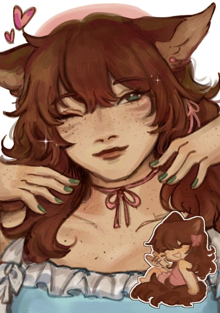 emory's ffxiv cat girl oc kayitz. she's posing cutely while winking at the viewer. on the bottom right is a chibi of her looking happy and making the asl sign for cat. 